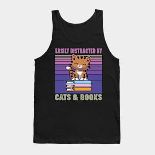 Easily Distracted by Cats and Books Funny Cat Lover Tank Top